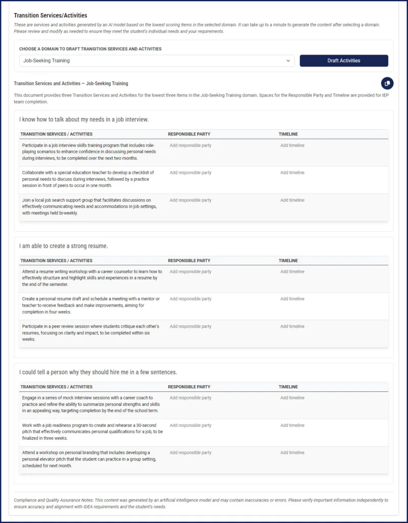 Screenshot of the Transition Services and Activities page showing AI-generated transition activities for the Job-Seeking Training domain, including suggested services, responsible party fields, and timelines.