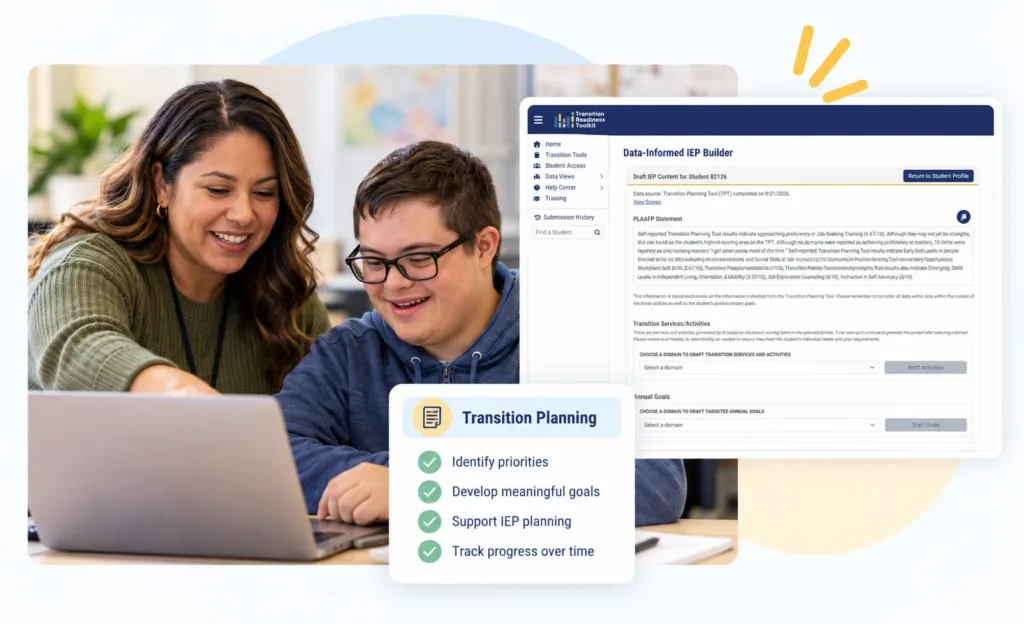 Student and transition professional using a laptop alongside TRT’s Data-Informed IEP Builder and transition planning features.