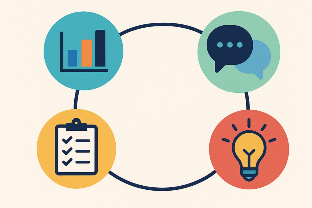Four colorful circular icons connected by a loop: a bar graph symbolizing data insights, a speech bubble representing communication, a checklist for organization, and a light bulb indicating innovation—all set against a soft beige background.