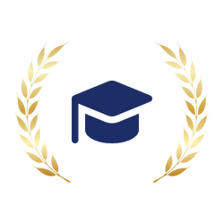 A navy blue graduation cap centered between two gold laurel branches.