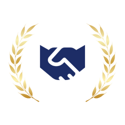 A navy blue handshake icon framed by golden laurel branches.
