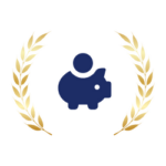 A navy blue piggy bank icon surrounded by gold laurel branches.