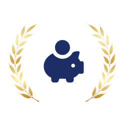 A navy blue piggy bank icon surrounded by gold laurel branches.