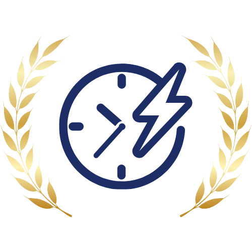 A navy blue clock icon with a bold lightning bolt overlay, framed by golden laurel branches — representing rapid and high-impact service delivery.