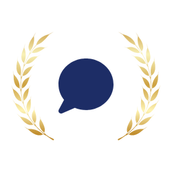 A navy blue speech bubble icon between gold laurel branches.