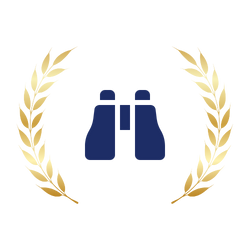 A navy blue binoculars icon framed by gold laurel branches.