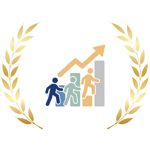 Three stylized figures ascending multicolored blocks with an upward arrow overhead, framed by golden laurels — symbolizing measurable participant growth.