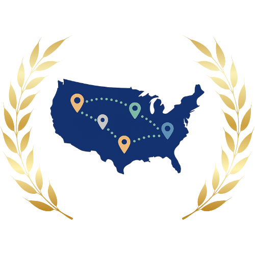 A dark blue map of the United States with multicolored location pins and a dotted path, framed by golden laurel branches — representing geographic excellence in service impact.