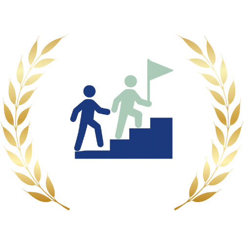 Two human figures ascending stairs, with one holding a flag, in blue and green tones, framed by golden laurels — symbolizing significant participant growth from low starting points.