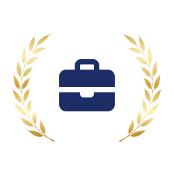 A navy blue briefcase icon centered in golden laurel branches.