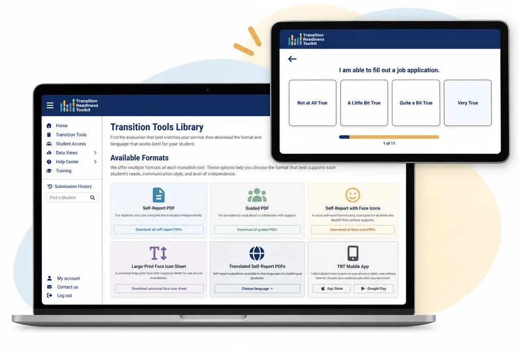 Transition Readiness Toolkit shown on a laptop and tablet, highlighting accessible evaluation formats and the student evaluation experience.