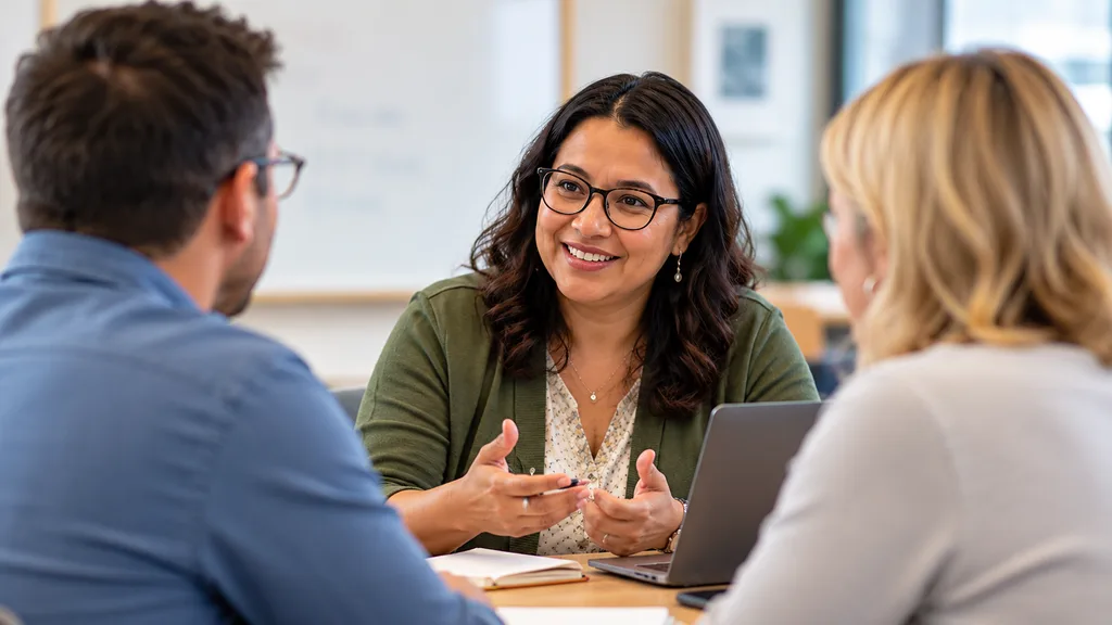 Three program professionals meeting around a laptop to discuss information and program decisions