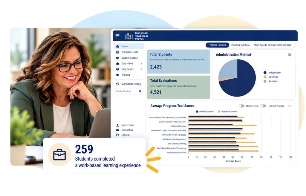 Program administrator reviewing TRT data showing student participation, evaluation results, and work-based learning experience data.